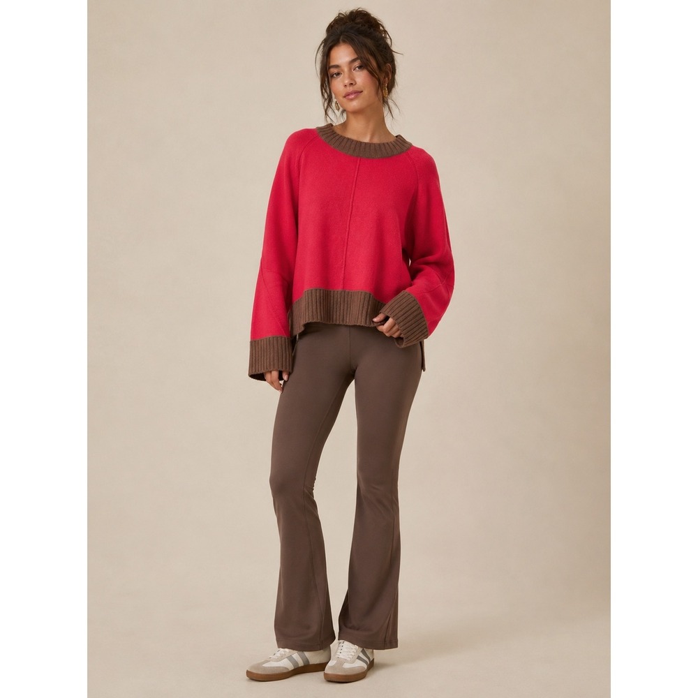 Maeve Anthropologie Red Brown Colorblock Ribbed Cotton Wool Sweater Medium